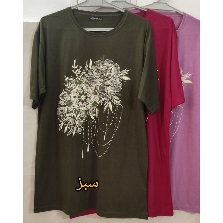 تیشرت نخچنبه طرح گل زنانه رنگ سبز