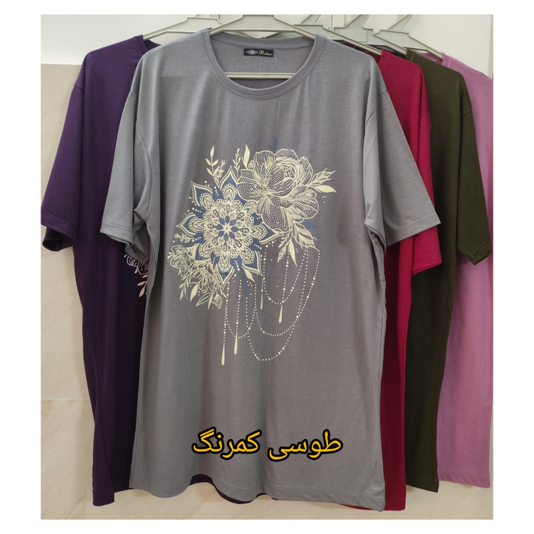 خرید تیشرت آستین کوتاه رنگ طوسی زنانه طرح flower