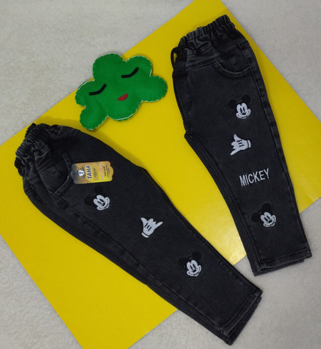 شلوار لی اسپوت کمرکش رنگ زغال سنگی طرح میکی موس