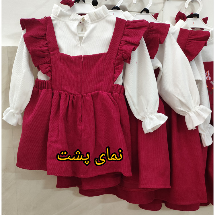 پیراهن سارافانی دخترانه مخمل کبریتی رنگ قرمز و سفید
