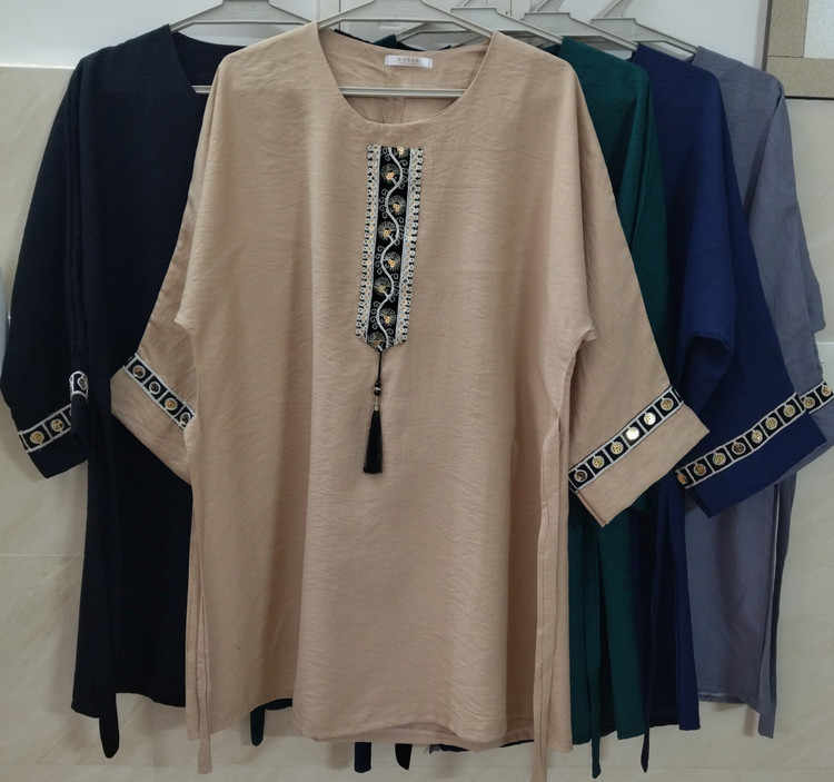 تونیک زنانه آستین سه ربع طرح سنتی رنگ کرم