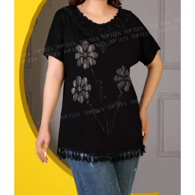 تیشرت زنانه نخ پنبه آستین کوتاه یقه گیپور رنگ مشکی