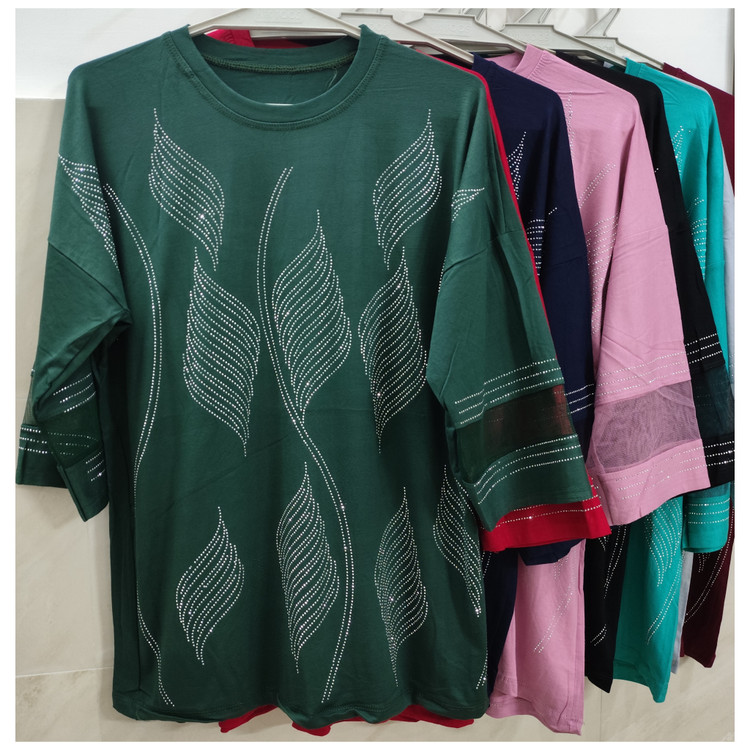 بلوز زنانه نگین کوب آستین سه ربع نخپنبه استین تور