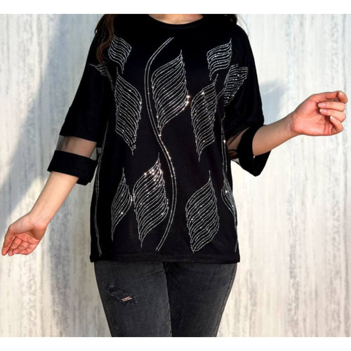 بلوز زنانه آستین سه ربع نخپنبه استین تور