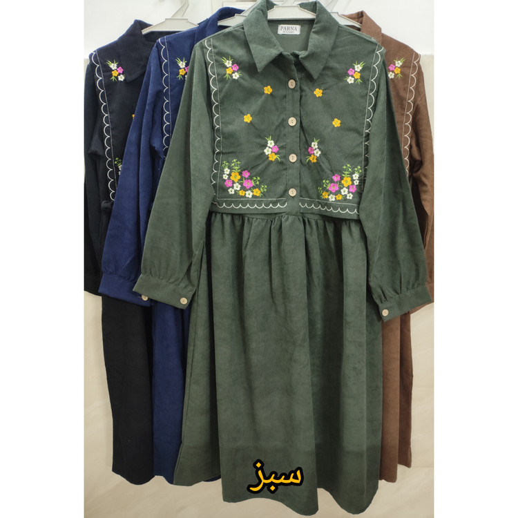 پیراهن زنانه مخمل کبریتی سبز قواره بزرگ