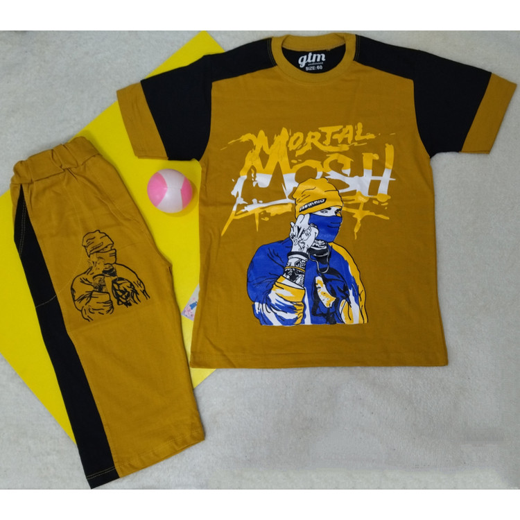 تیشرت شلوارک پسرانه طرح دار خردلی و قرمز