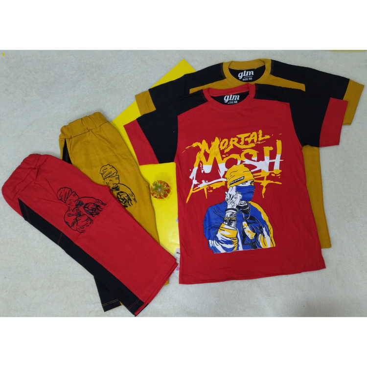 تیشرت شلوارک ست پسرانه طرح ماسک خردلی و قرمز