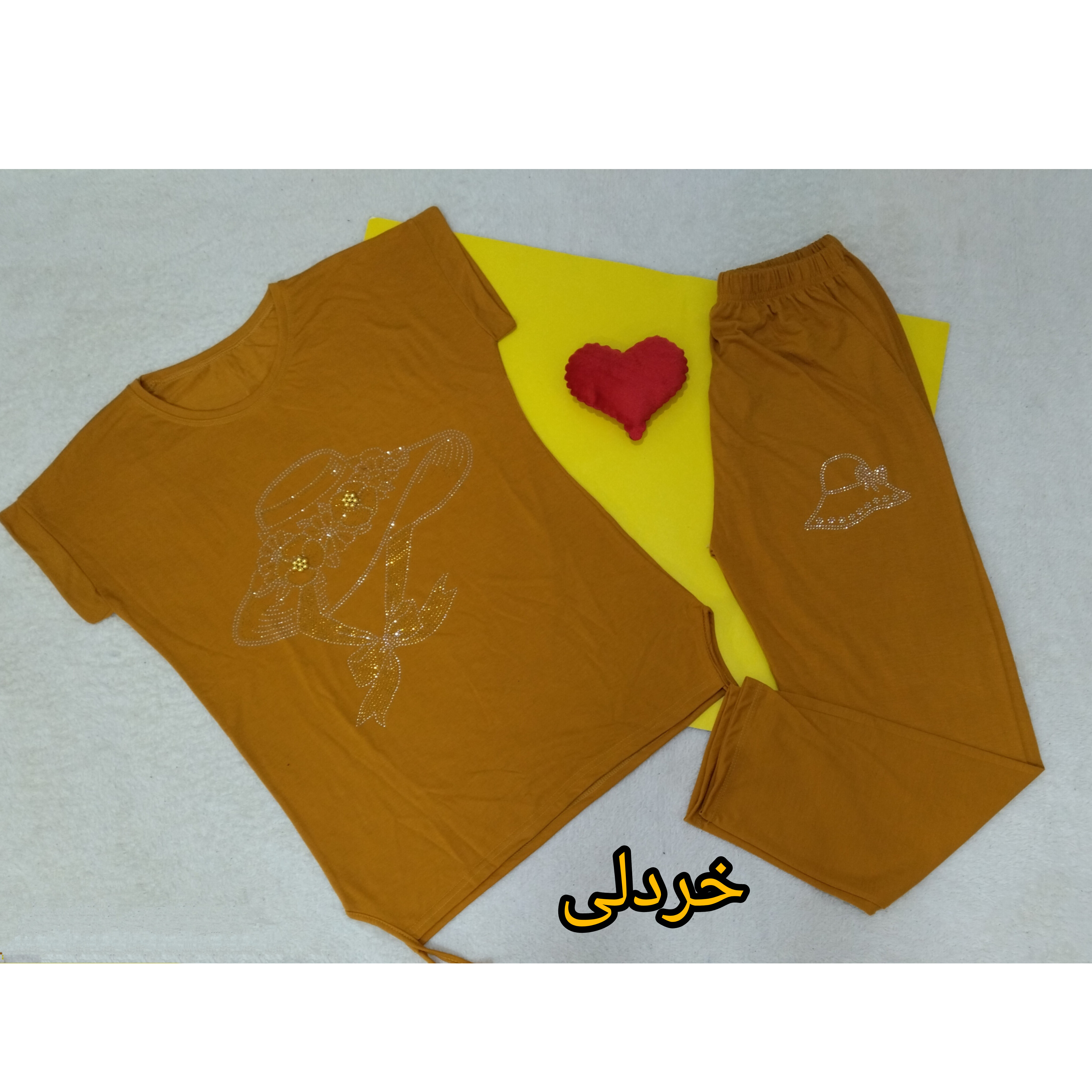 تیشرت شلوار زنانه نخ پنبه تابستانی رنگ خردلی