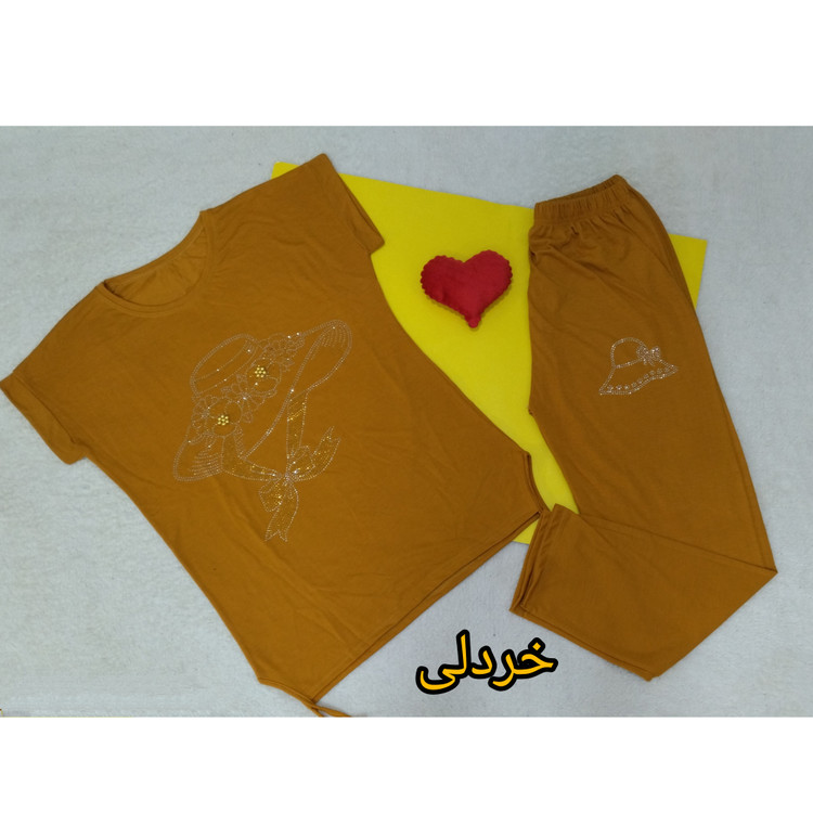 تیشرت شلوار زنانه نخ پنبه تابستانی رنگ خردلی