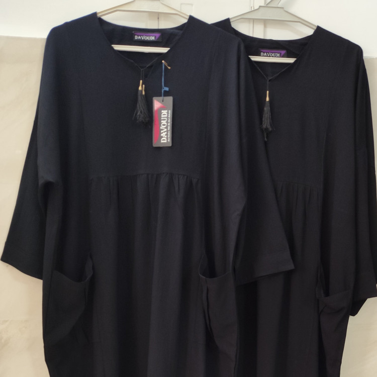 پیراهن زنانه مدل کفتان رنگ مشکی جنس نخی تابستانه