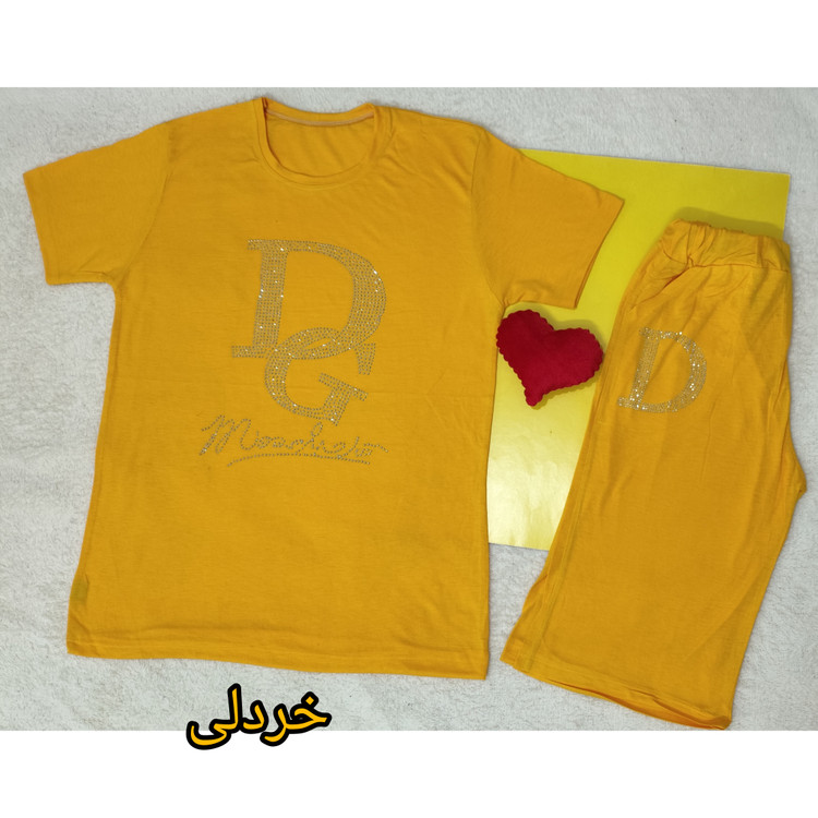 تیشرت شلوارک ست زنانه جنس نخ پنبه رنگ خردلی