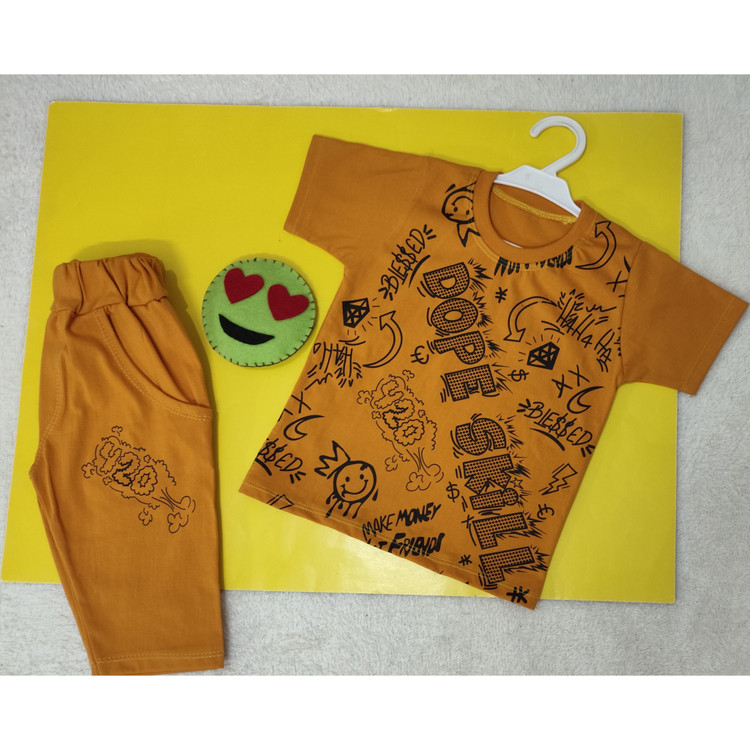 ست تیشرت شلوارک پسرانه نخپنبه رنگ خردلی