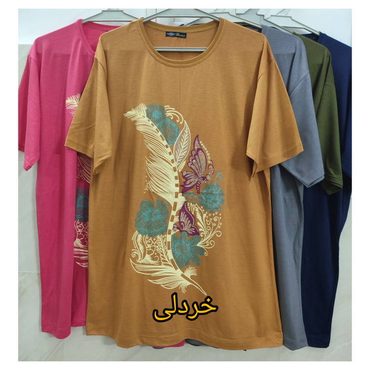 تیشرت زنانه قواره دار سایز بزرگ جنس نخ پنبه رنگ خردلی