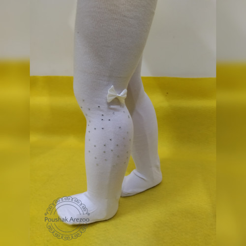 جوراب شلواری سفید دخترانه طرح پاپیون نگیندار