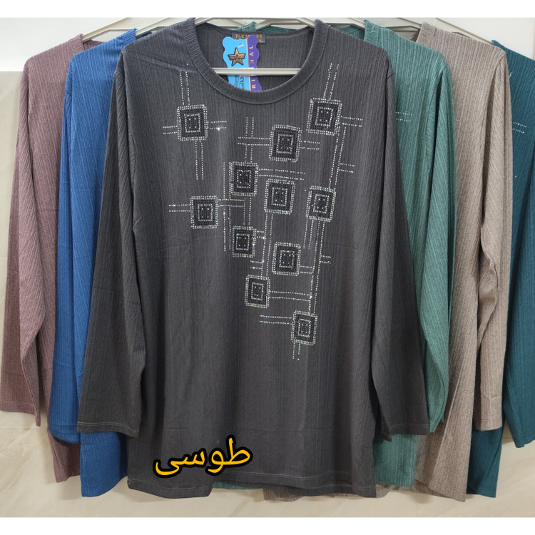 بلوز زنانه یقه گرد جنس کریشه طرح نگینی طوسی