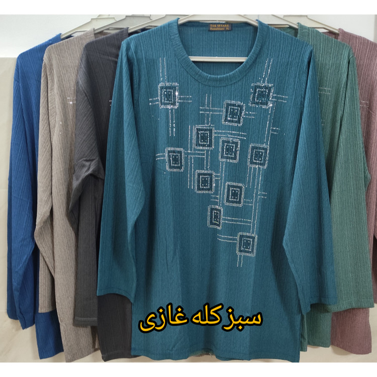 خرید بلوز زنانه آستین بلند یقه گرد جنس کریشه طرح نگینی