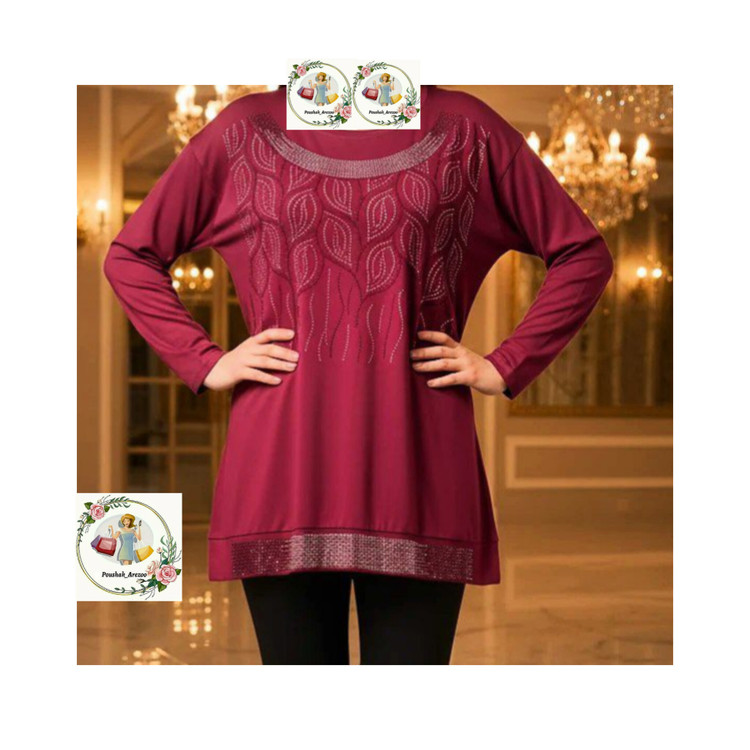بلوز زنانه آستین بلند طرح نگین کوب جنس نخ پنبه فری سایز بزرگ