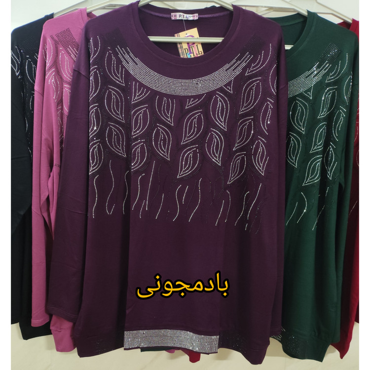 بلوز زنانه آستین بلند طرح نگین کوب رنگ بادمجونی