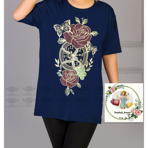 تیشرت زنانه نخ پنبه یقه گرد طرح گل قواره دار سایز بزرگ