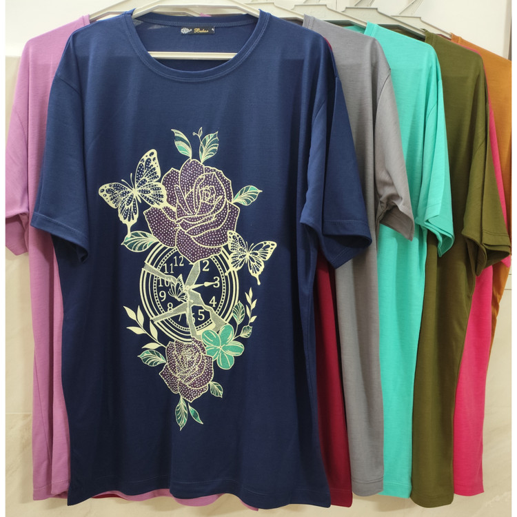 تیشرت زنانه سایز بزرگ نخ پنبه یقه گرد طرح گل
