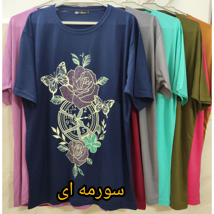 تیشرت زنانه نخ پنبه یقه گرد طرح گل قواره دار سایز بزرگ