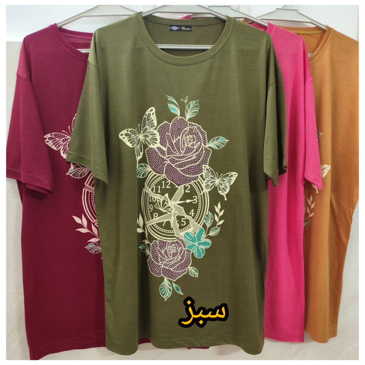 تیشرت زنانه نخ پنبه یقه گرد طرح گل سبز