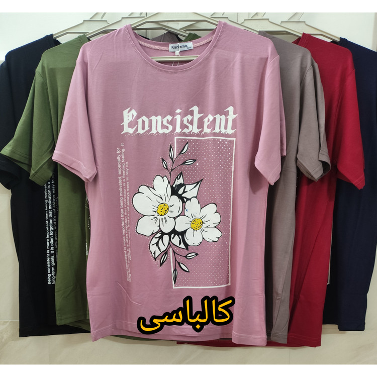 تیشرت زنانه آستین کوتاه یقه گرد جنس نخ پنبه طرح گل رنگ کالباسی