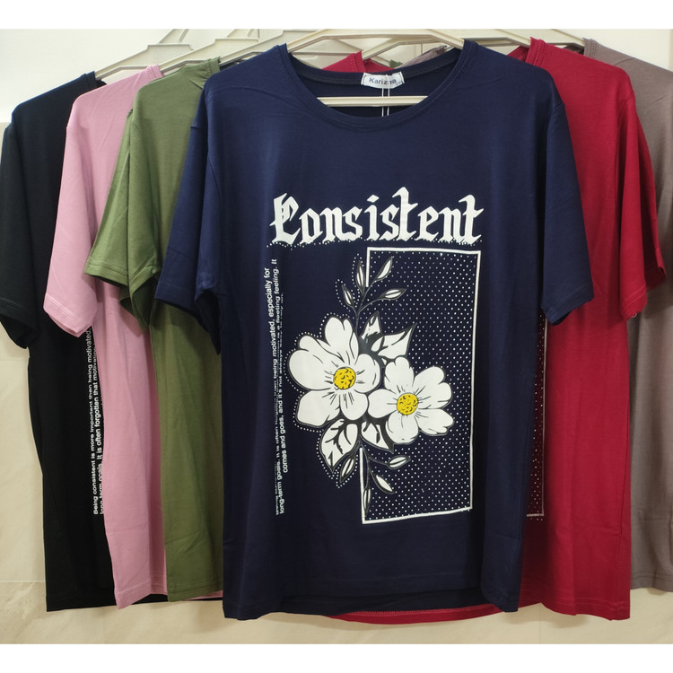 تیشرت زنانه آستین کوتاه یقه گرد جنس نخ پنبه طرح گل