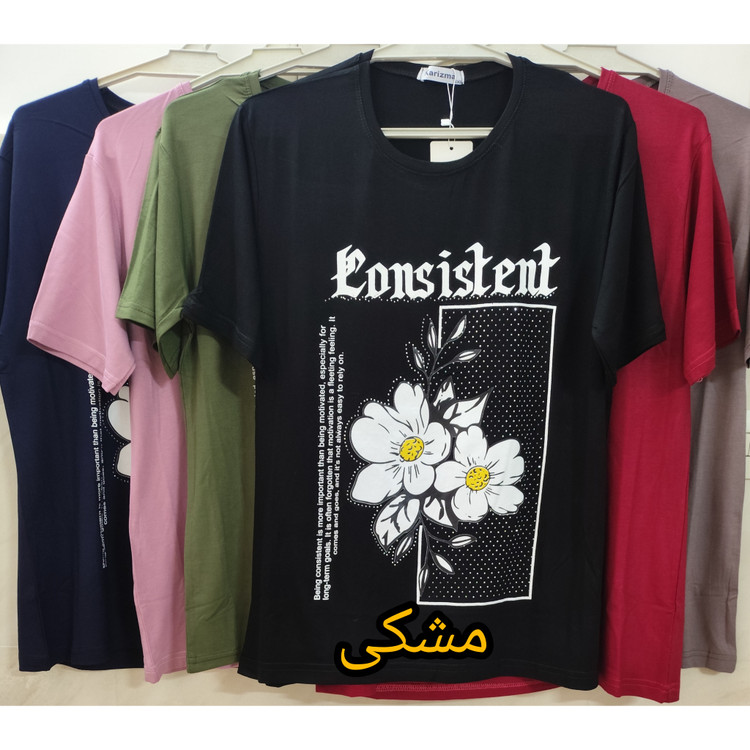 تیشرت زنانه آستین کوتاه یقه گرد جنس نخ پنبه طرح گل رنگ مشکی