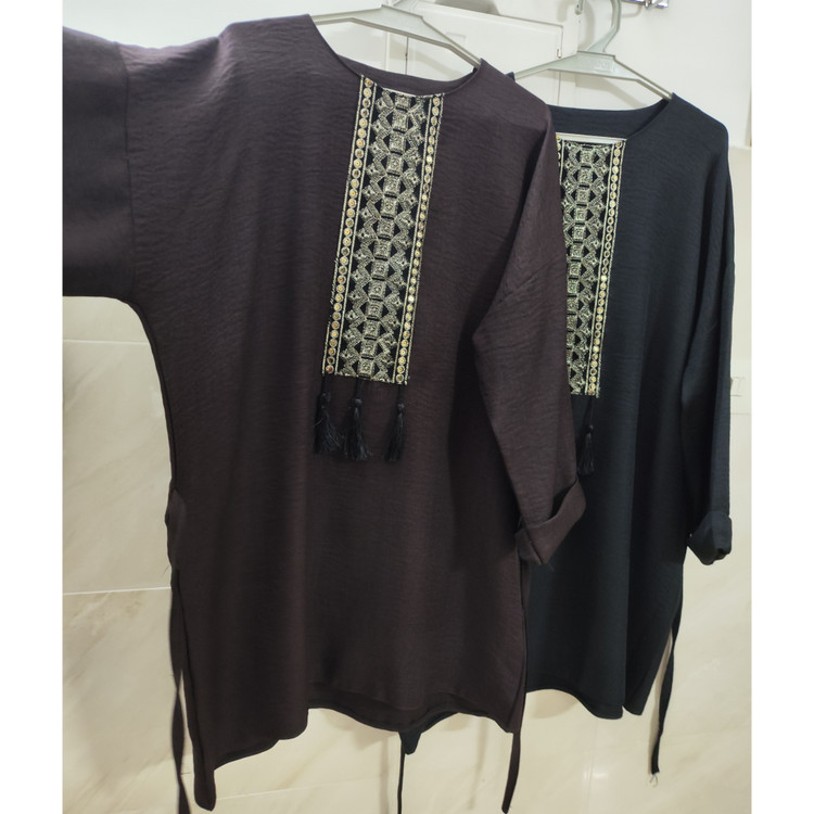 تونیک زنانه آستین بلند یقه گرد جنس نخ صوفیا طرح سنتی سایز خیلی بزرگ قهوه ای