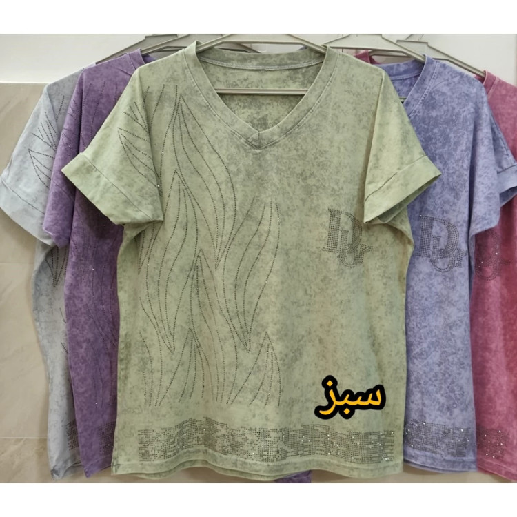 تیشرت سنگشور زنانه یقه هفت نگین کوب سایز بزرگ سبز