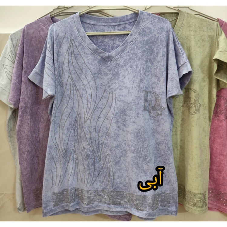 خرید تیشرت سنگشور زنانه یقه هفت نگین کوب آبی