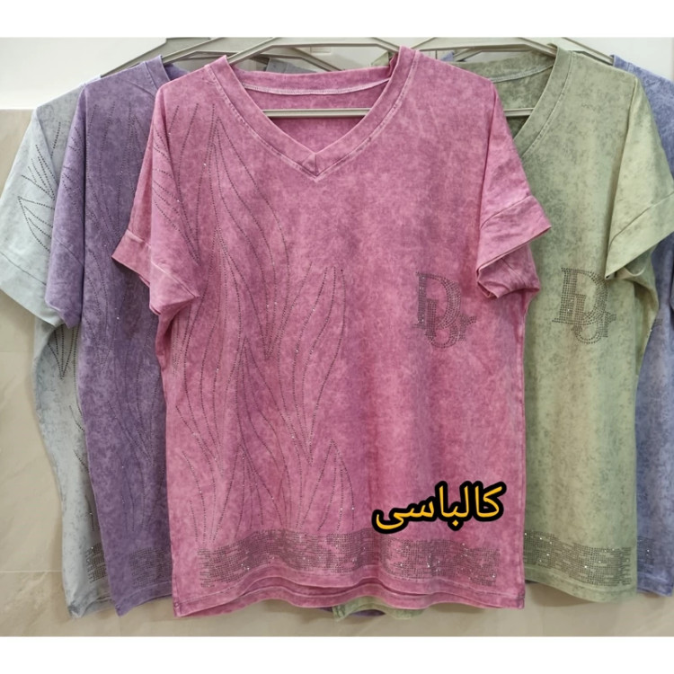 تیشرت سنگشور زنانه یقه هفت نگین کوب سایز بزرگ کالباسی