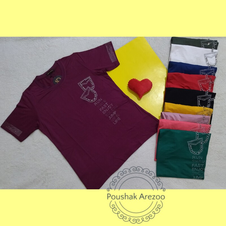 تیشرت زنانه فری سایز جنس نخ پنبه نگین دار سفید