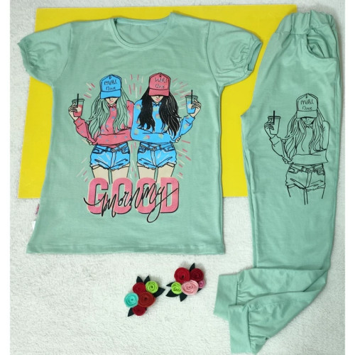 تیشرت شلوار ست دخترانه طرح دختر رنگ سبز آبی سایز 60