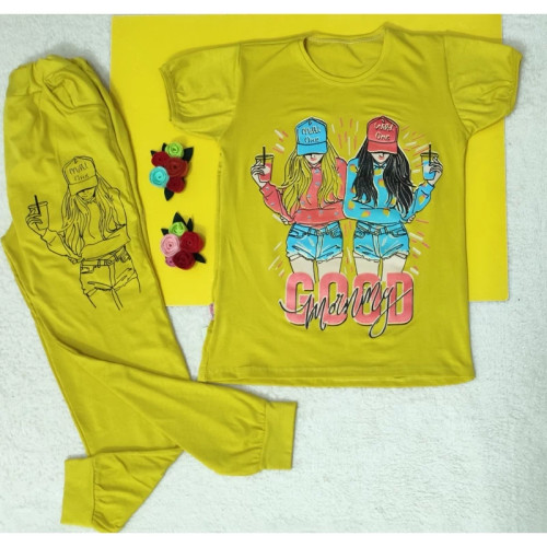 تیشرت شلوار ست دخترانه رنگ زیتونی طرح دو دختر سایز 65