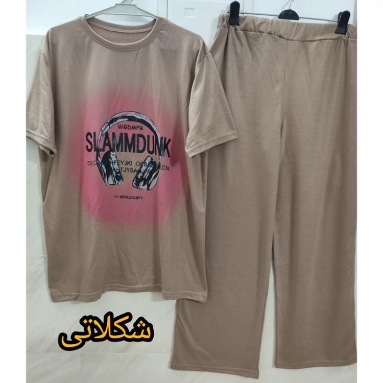 ست تیشرت و شلوار زنانه جنس نخ پنبه سایز خیلی بزرگ شکلاتی
