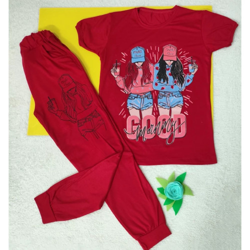 تیشرت شلوار طرحدار ست دخترانه رنگ قرمز