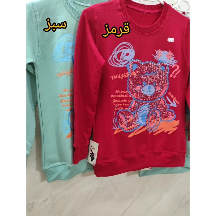 بلوز دخترانه طرح تدی نگین کوب یقه گرد جنس دورس سایز55 و 60