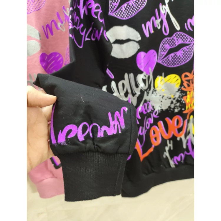 بلوز دخترانه آستین بلند طرحدار جنس دورس یقه گرد