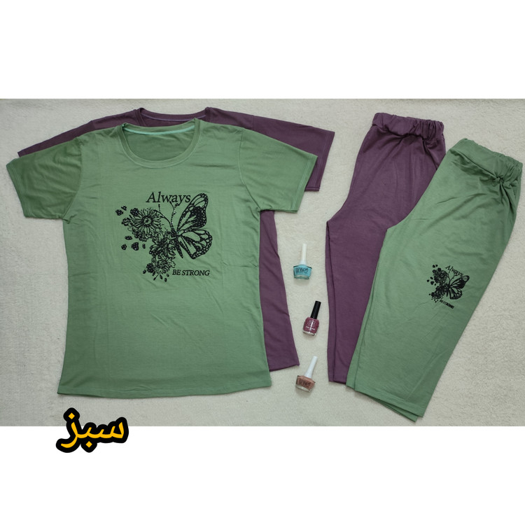 تیشرت شلوارک ست زنانه جنس نخ پنبه طرح پروانه سبز