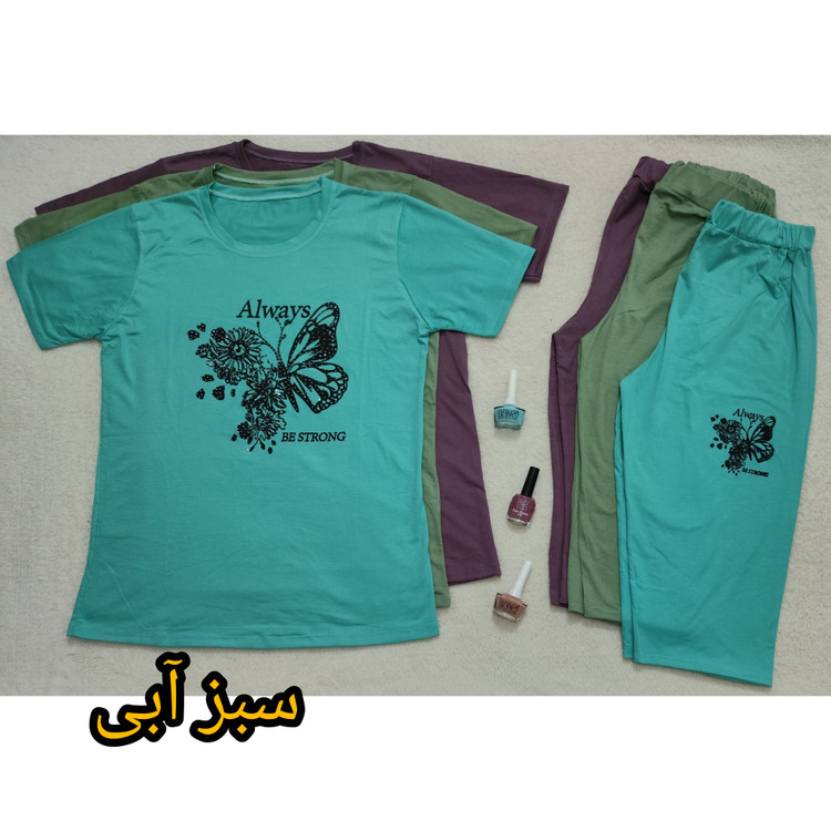 ست تیشرت و شلوارک زنانه جنس نخ پنبه سبز آبی