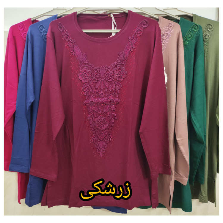 خرید بلوز زنانه آستین بلند یقه گردگیپور جنس نخ پنبه سایز بزرگ
