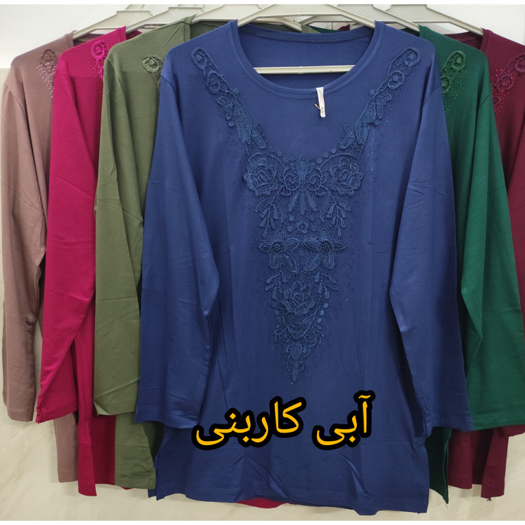 بلوز مجلسی زنانه آستین بلند یقه گردگیپور جنس نخ پنبه سایز بزرگ