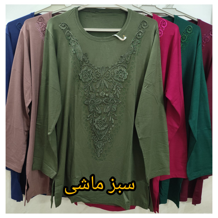 بلوز زنانه آستین بلند یقه گردگیپور جنس نخ پنبه سایز بزرگ سبز