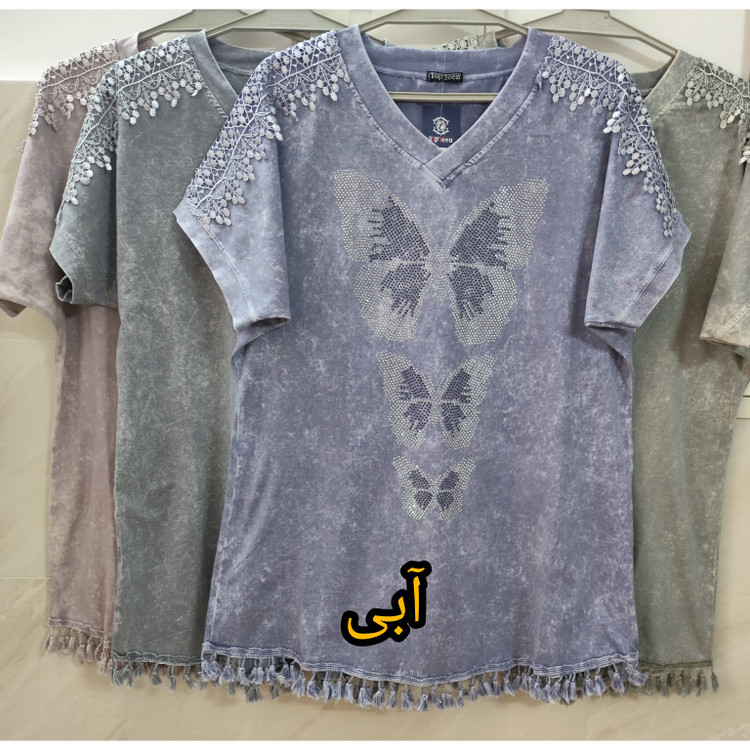 خرید تیشرت زنانه مجلسی یقه هفت سنگشور سرشانه گیپور طرح نگین پروانه