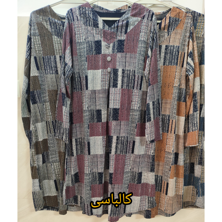 تونیک زنانه یقه هفت آستین بلند جلو پیله دار نخ پنبه