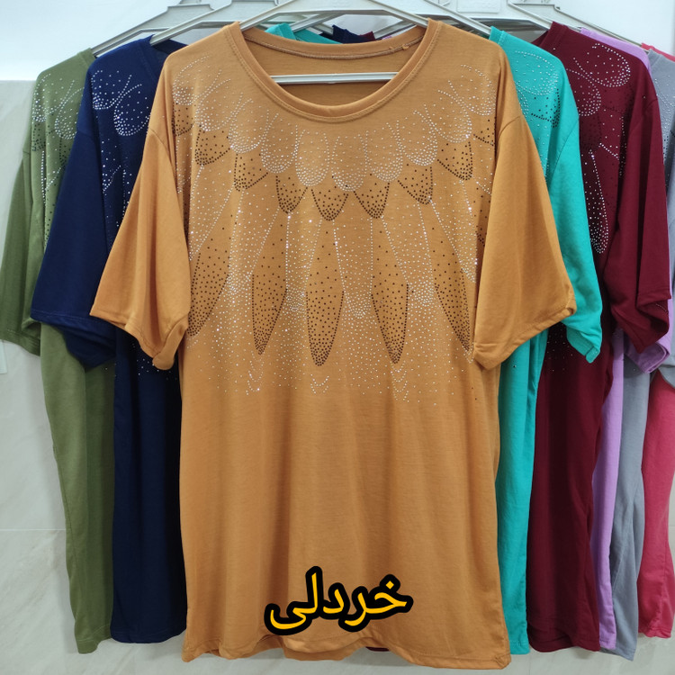 تیشرت زنانه نخ پنبه سایز بزرگ نگین دار تابستانی
