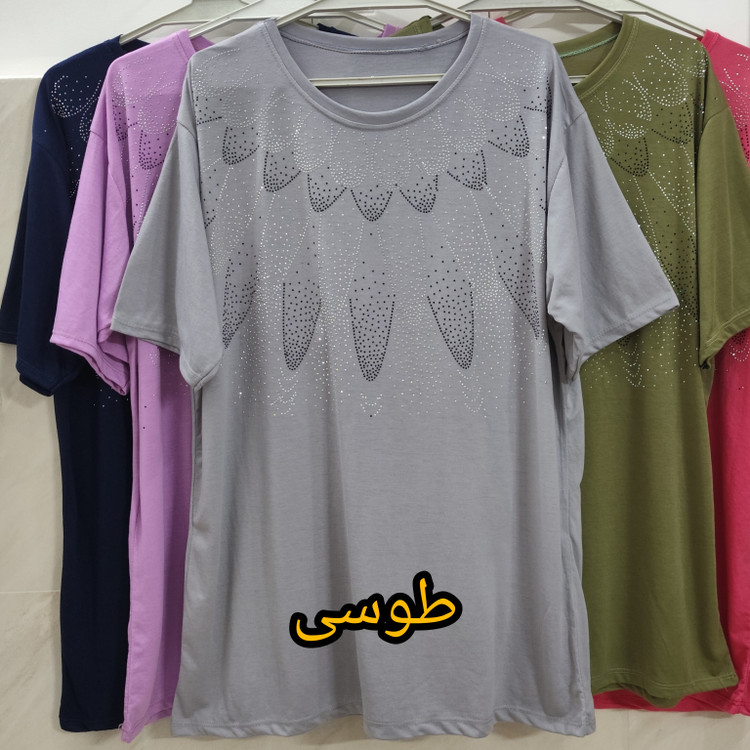تیشرت زنانه نخ پنبه سایز بزرگ نگین دار طوسی