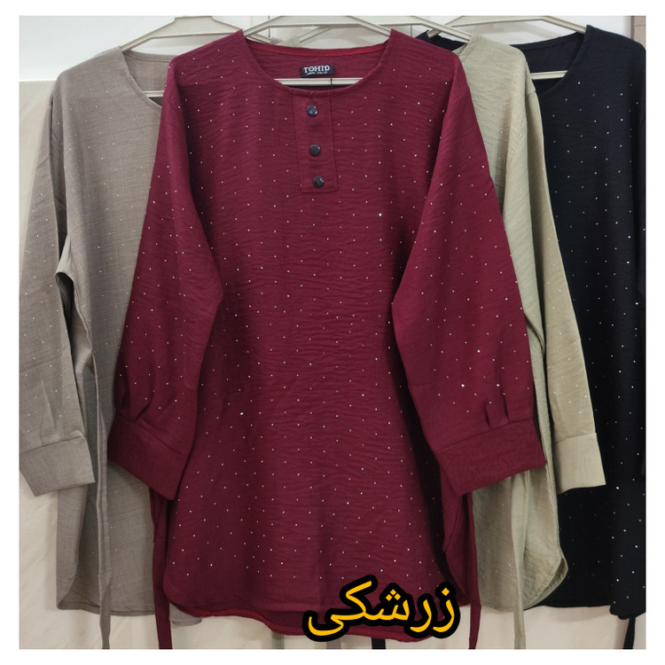 خرید تونیک زنانه آستین بلند نگین کار شده مچ یقه گرد جنس نخ کج راه